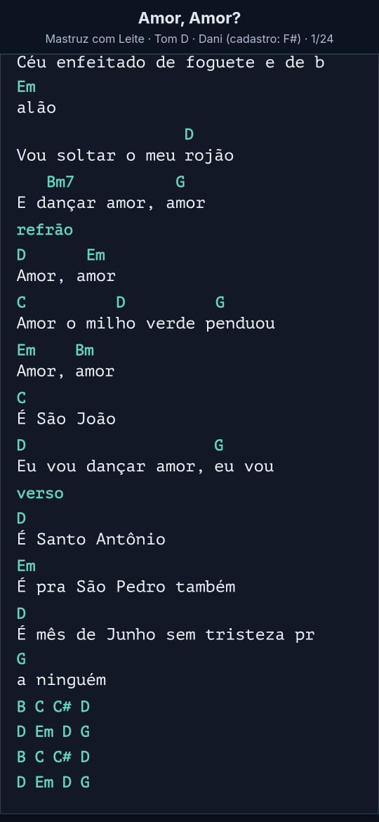 Músico utilizando o Modo Tocar do Uníssono — cifra em tela cheia com transposição no palco